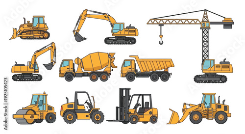Construction vehicles and equipment illustrated in a cartoon style