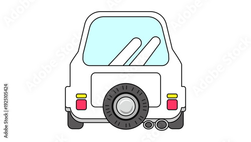 スペアタイヤとツインマフラーが特徴的な、背面から見た白い小型車両のベクターイラスト