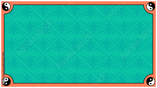 四隅に太極図（陰陽）を配し、エンドレスノット風の幾何学パターンを背景に敷いたエメラルドグリーンの装飾背景イラスト