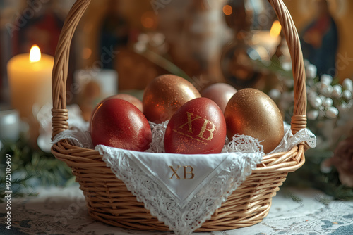 Orthodox Easter. Easter painted eggs in a wicker basket, icons, faces of saints, flowers, church candles, and Easter decor on a wooden table in an old village house.