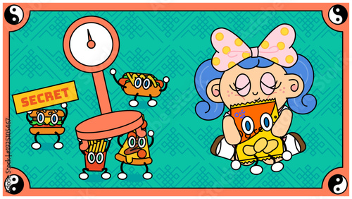 体重計の針を隠しながらスナック菓子を楽しむ少女とジャンクフードたちのポップなイラスト