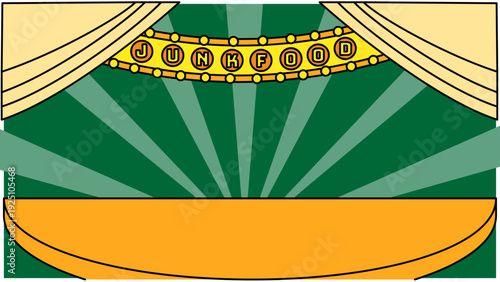 「JUNK FOOD」の電飾看板とカーテンをあしらった劇場風のサンバースト背景イラスト