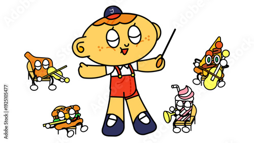 ジャンクフードのキャラクターたちを指揮する少年のコミカルな音楽会イラスト