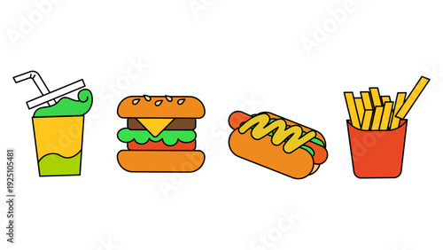 ドリンク、ハンバーガー、ホットドッグ、フライドポテトを並べたシンプルな食べ物アイコンセット