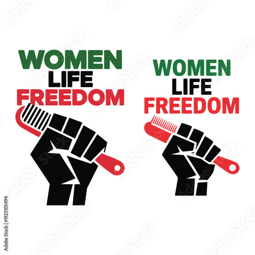 Black fist holding red comb with text women life freedom