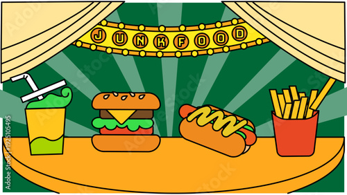 劇場のステージに勢揃いしたハンバーガー、ポテト、ホットドッグ、ドリンクのコミカルなイラスト