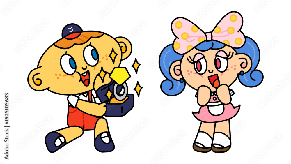 Fototapeta premium 箱に入った大きな指輪を差し出す少年と、それに感激する少女のポップなキャラクターイラスト