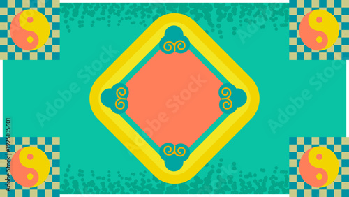 四隅にチェック柄の太極図を配し、中央に雲文様をあしらったエメラルドグリーンのダイヤモンドフレーム