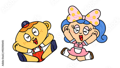 飛び跳ねて目を細めて楽しそうに笑い合う少年と少女のポップなキャラクターイラスト