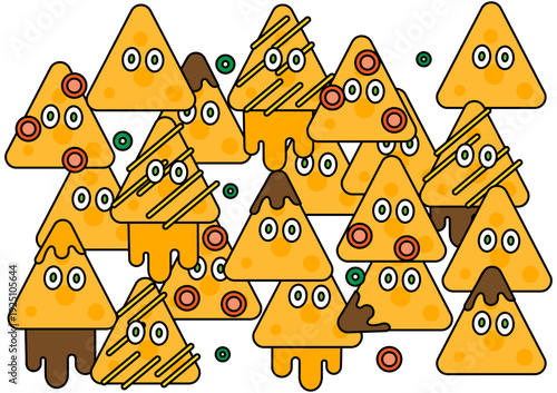 様々なトッピングが施された三角形のチップスキャラクターたちが密集するコミカルイラスト
