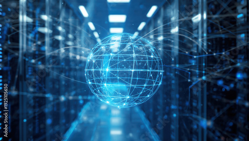 Blue digital globe network hovering in data center corridor with glowing connections