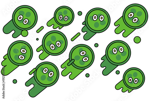 彗星のように尾を引いて飛ぶ、緑色の円形キャラクターたちのコミカルな集合イラスト