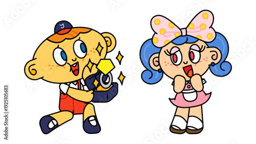 箱に入った大きな指輪を差し出す少年と、それに感激する少女のポップなキャラクターイラスト