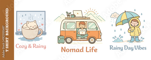 Cute and colorful illustrated collection featuring cozy rainy day lifestyle and digital nomad vibes with playful graphics