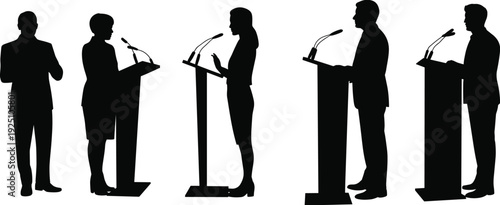 Business speakers at podium silhouette collection, public speech political debate conference presentation illustration set