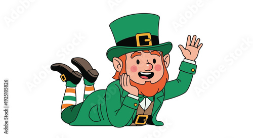 A cheerful leprechaun playfully reclines and waves with a friendly expression