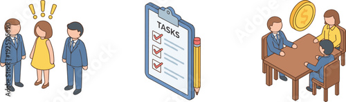 Business teamwork concept illustration, task checklist planning and financial meeting with corporate team strategy discussion scene