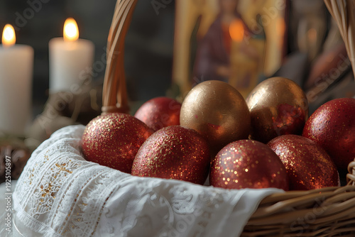 Orthodox Easter. Easter painted eggs in a wicker basket, icons, faces of saints, flowers, church candles, and Easter decor on a wooden table in an old village house.