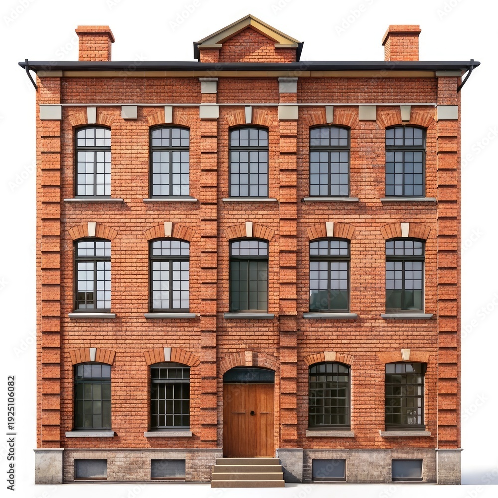 Obraz premium Clean architectural elevation of a four story red brick tenement building