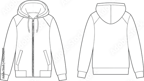 Unisex Zip Up Hoodie with Drawstring Hood Technical Flat Sketch Front and Back Views Vector Apparel Template