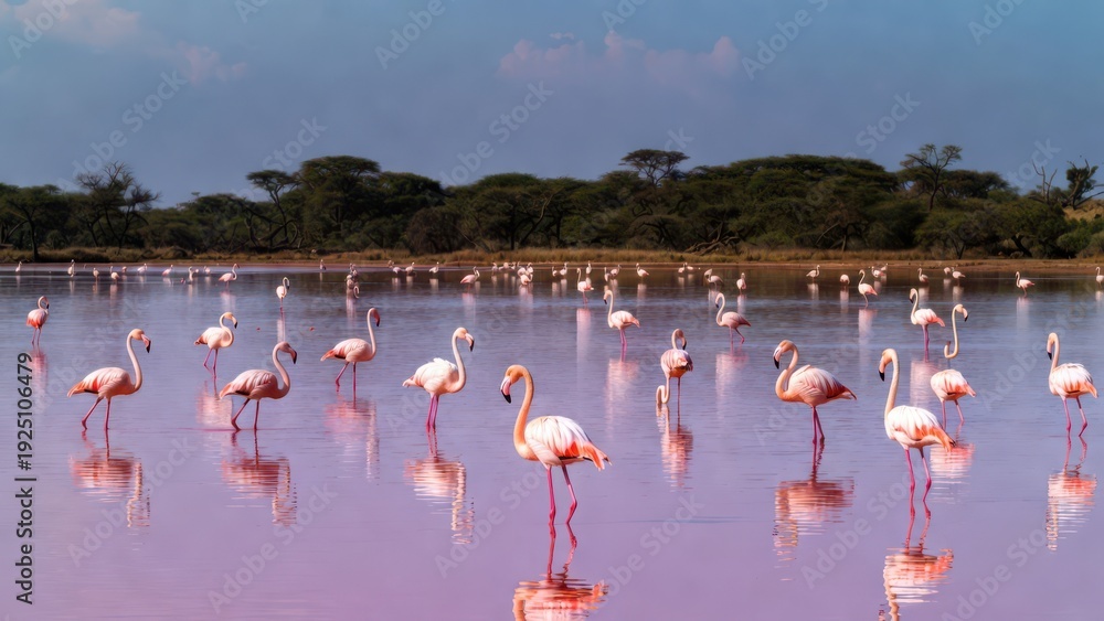 Obraz premium A large flock of vibrant pink flamingos stands gracefully in the shallow, reflective water of a pink lake.