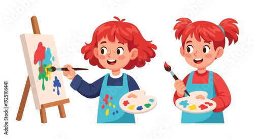 Two cheerful young girls are painting with bright colors and art supplies