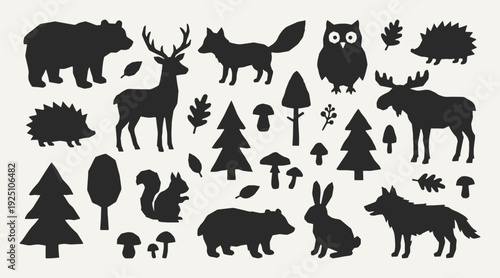 Forest animals silhouette collection. Black icons set - bear, deer ,fox, owl, moose, wolf, rabbit, hedgehog. Vector linocut style minimalist design elements.