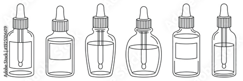 a set of cosmetic and skincare dropper bottle outline icons vector illustration