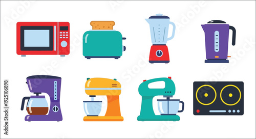 Colorful kitchen appliances arranged in a grid including a microwave and blender