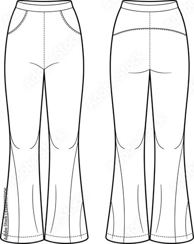 Women High Waist Flare Pants Technical Flat Sketch with Front and Back Views Vector Apparel Template