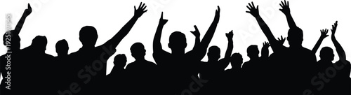 Crowd of people raising hands silhouette, cheering audience celebration protest rally social gathering concept illustration