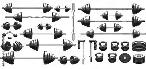 PrintComplete Gym Weight Equipment Set with Barbells Dumbbells Kettlebells and Plates for Strength Training Bodybuilding Fitness Workout Vector Illustration Collection
