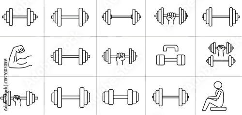 Dumbbell and Fitness Gym Icon Set with Weightlifting Symbols, Muscle Arm Illustration, Workout Equipment Line Vector Collection for Training and Bodybuilding Design