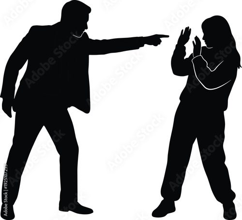 Angry, businessman, in, suit, pointing, finger, at, scared, woman, silhouette, isolated, on, white, background, workplace, conflict, harassment, flat, vector, illustration.