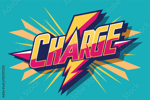 Vibrant charge text with dynamic lightning bolts on blue background