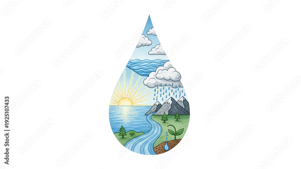 Obraz premium Drop of water with the sun and mountains in the middle drop.