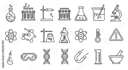 Scientific & Laboratory Icon Suite of 18 Outline Symbols—Including Beakers, Microscopes, DNA, Atoms, and Safety Signs—for Education, Research, and Medical UI Design
