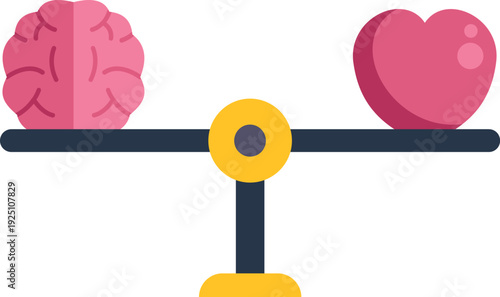 Brain and heart balancing on a scale representing logic versus emotion