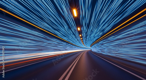 **"Urban tunnel with LED lights along the walls transformed into continuous rays of blue and orange, invisible car, only the suggested trace of movement, extreme depth, realistic abstract style."**