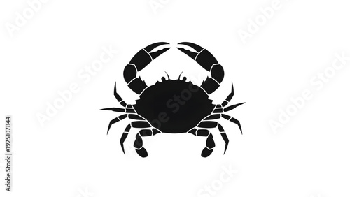 Bold black crab silhouette facing forward with claws raised