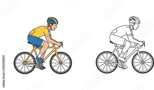 Vector illustration of a professional cyclist riding a bicycle, featuring both a fully colored version and a black and white line art outline.
