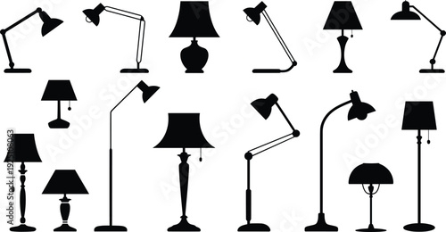 Desk and floor lamp silhouette collection, modern vintage home interior lighting illustration setDesk and floor lamp silhouette collection, modern vintage home interior lighting illustration set