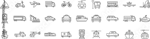 33 outline icons  set related to bus, vehicle, truck, train. Linear icon collection. Editable stroke. Vector illustration 

