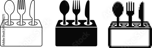 Cutlery holder icon set, spoon fork knife kitchen utensil organizer illustration in outline solid and pixel style design