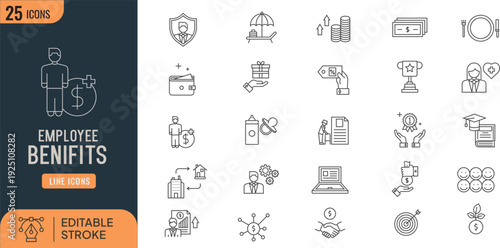 Employee Benefits line icon set. Related health insurance, pension, reward, bonus, social security, , motivation, opportunity and more. Vector illustration