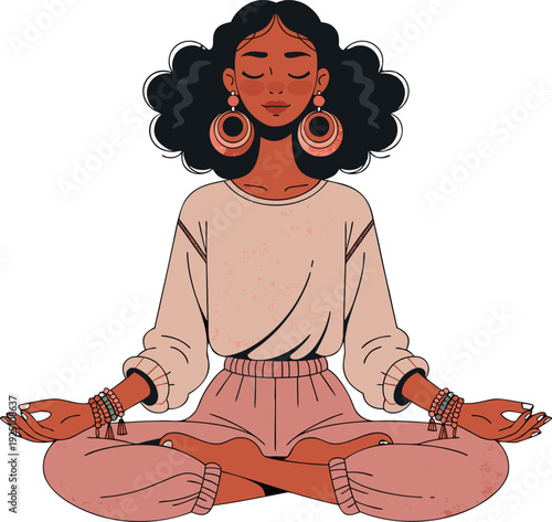 Serene woman sitting cross-legged in lotus pose, eyes gently closed, peaceful  expression, yoga excercise
