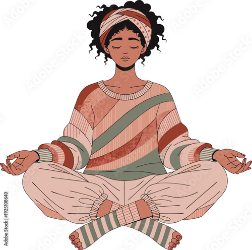 Serene woman sitting cross-legged in lotus pose, eyes closed, peaceful facial expression, yoga excercise