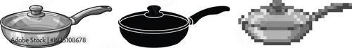 Frying pan with lid icon set, cooking skillet cookware illustration in realistic solid and pixel style design