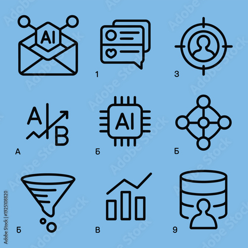 AI-powered marketing automation outline icon collection showing email campaign social media post and target audience.