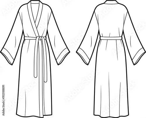 Women Long Sleeve Wrap Maxi Dress with Belt Technical Flat Sketch Front and Back Views Vector Template